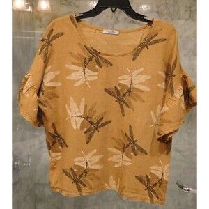 Women's ELENA BALDI 100% Linen Dragonfly Ruffle Sleeve Top SZ Medium